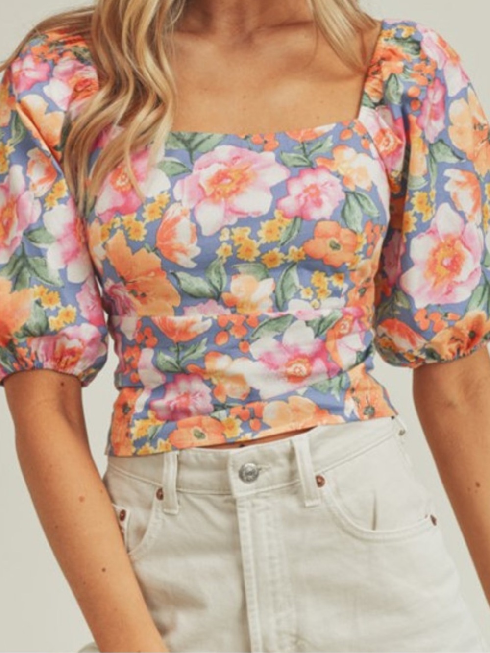Lush Floral Cropped Puff-Sleeve Square Neck Top